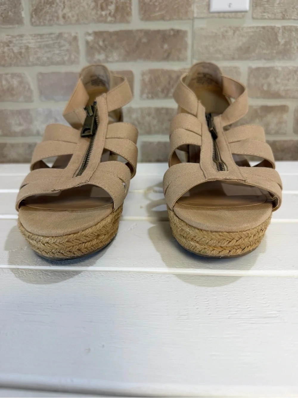 Lauren Ralph Lauren Kelcie Espadrille Wedge Sandals Beige Linen Zip Front SZ 8B